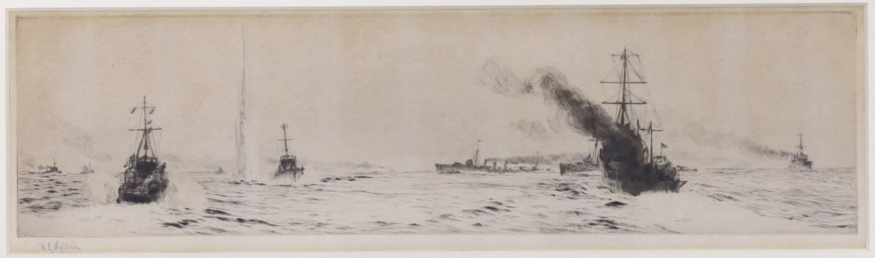 William Lionel Wyllie (1851-1931), drypoint etching, 'Torpedo boats hunting for U-boats (Battle of Jutland), signed in pencil, 9 x 33cm